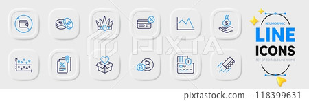 Donation, Savings and Line chart line icons for web app. Pack of Card, Dot plot, Refresh bitcoin pictogram icons. Crown, Wallet, Cashback signs. Income money, Credit card, Tax documents. Vector Donation, Savings and Line chart line icons for web app. Pack of Card, Dot plot, Refresh bitcoin pictogram icons. Crown, Wallet, Cashback signs. Income money, Credit card, Tax documents. Vector 118399631