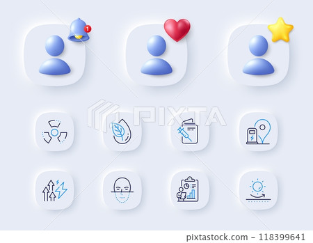 Energy inflation, Organic product and Vaccination passport line icons. Placeholder with 3d bell, star, heart. Pack of Charging station, Face recognition, Sun protection icon. Vector Energy inflation, Organic product and Vaccination passport line icons. Placeholder with 3d bell, star, heart. Pack of Charging station, Face recognition, Sun protection icon. Vector 118399641