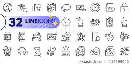 Outline set of Talk bubble, Add photo and Time change line icons for web with Photo studio, Tv stand, Money thin icon. Food order, Refill water, Employee hand pictogram icon. Vector 118399643
