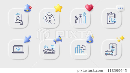 Car registration, Parking security and Decreasing graph line icons. Buttons with 3d bell, chat speech, cursor. Pack of Click hand, Website education, Inspect icon. Vector 118399645