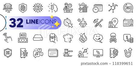 Outline set of Petrol station, Yummy smile and Bitcoin think line icons for web with Certified refrigerator, Chemical formula, Seo shopping thin icon. Health app, Fingerprint. Vector 118399651