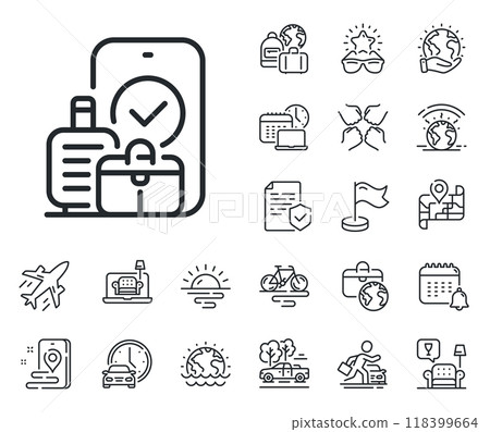 Travel handbag sign. Plane jet, travel map and baggage claim outline icons. Carry-on baggage line icon. Allowed luggage bag symbol. Carry-on baggage line sign. Car rental, taxi transport icon. Vector Travel handbag sign. Plane jet, travel map and baggage claim outline icons. Carry-on baggage line icon. Allowed luggage bag symbol. Carry-on baggage line sign. Car rental, taxi transport icon. Vector 118399664