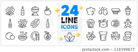 Icons set of Beer bottle, Popcorn and Peas line icons pack for app with Cooking beaker, Takeaway, Food delivery thin outline icon. Spinach, World water, Water drop pictogram. Vector Icons set of Beer bottle, Popcorn and Peas line icons pack for app with Cooking beaker, Takeaway, Food delivery thin outline icon. Spinach, World water, Water drop pictogram. Vector 118399677