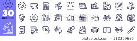 Accounting, Card and Realtor line icons pack. Employee hand, Loan percent, Book web icon. Savings tax, Tested stamp, Diesel station pictogram. Opened gift, Security confirmed, Loyalty program. Vector 118399686