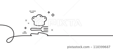 Food line icon. Continuous one line with curl. Cooking chef sign. Fork, knife symbol. Food single outline ribbon. Loop curve pattern. Vector 118399687
