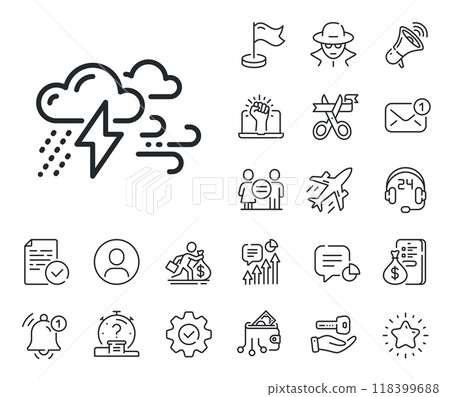 Bad weather sign. Salaryman, gender equality and alert bell outline icons. Clouds with raindrops, lightning, wind line icon. Bad weather line sign. Spy or profile placeholder icon. Vector Bad weather sign. Salaryman, gender equality and alert bell outline icons. Clouds with raindrops, lightning, wind line icon. Bad weather line sign. Spy or profile placeholder icon. Vector 118399688