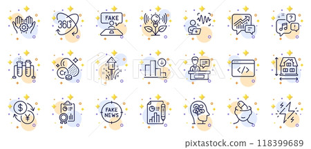 Outline set of Fake review, Inspect and Power line icons for web app. Include Fireworks, Employee hand, Depression treatment pictogram icons. Voice wave, Voicemail, Currency exchange signs. Vector 118399689