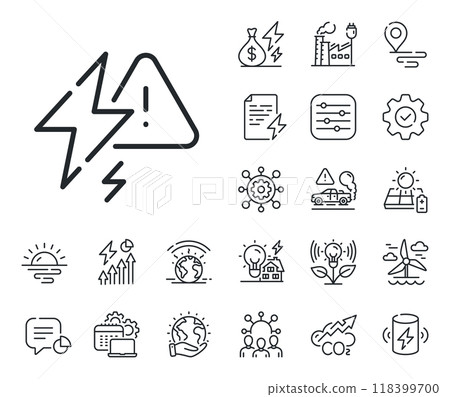 Flash electric energy sign. Energy, Co2 exhaust and solar panel outline icons. Power line icon. Lightning bolt symbol. Lightning bolt line sign. Eco electric or wind power icon. Green planet. Vector Flash electric energy sign. Energy, Co2 exhaust and solar panel outline icons. Power line icon. Lightning bolt symbol. Lightning bolt line sign. Eco electric or wind power icon. Green planet. Vector 118399700