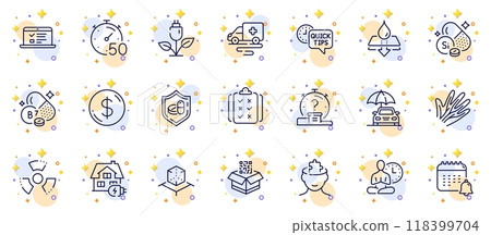 Outline set of Rule, Dollar money and Water resistant line icons for web app. Include Yoga, Biotin vitamin, Qr code pictogram icons. Quick tips, Web lectures, Calendar signs. Vector 118399704