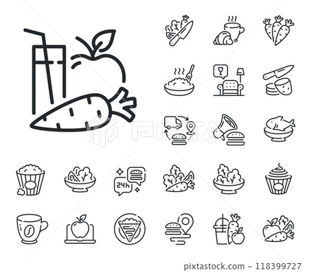 Fresh apple and carrot drink sign. Crepe, sweet popcorn and salad outline icons. Juice line icon. Fruit beverage symbol. Juice line sign. Pasta spaghetti, fresh juice icon. Supply chain. Vector 118399727
