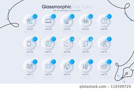 Set of Cloud system, Travel calendar and Timer line icons for web app. Door, Teamwork process, Share icons. Money tax, Notebook, Hold smartphone signs. Voting ballot, Time management, Niacin. Vector 118399729