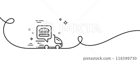 Food delivery truck line icon. Continuous one line with curl. Contactless meal order sign. Grocery delivery symbol. Food delivery single outline ribbon. Loop curve pattern. Vector 118399730