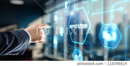 Businessman presses a button Reputation. Management Branding Concept 118399814