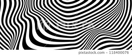 Groovy psychedelic pattern with undulated black and white stripes. Hypnotic optical illusion. Trippy abstract wallpaper. Modern wavy print. Hypnotherapy or trance concept. Vector graphic illustration Groovy psychedelic pattern with undulated black and white stripes. Hypnotic optical illusion. Trippy abstract wallpaper. Modern wavy print. Hypnotherapy or trance concept. Vector graphic illustration 118400076