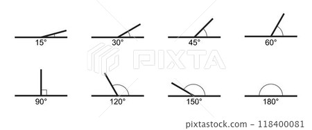 Set of angle degree icons. Collection of variuos protractor values isolated on white background. Geometric measurements. Mathematics symbols. Vector graphic illustration 118400081