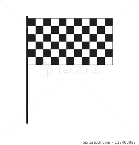 Flat race flag with checkered black and white squares print. Start or finish symbol on sport car competition. Rally or motocross props. Victory, trophy or success sign. Vector graphic illustration 118400082
