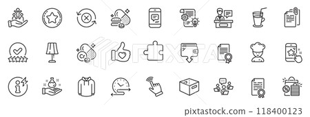 Icons pack as Chromium mineral, Inclusion and Chemistry lab line icons for app include Cogwheel, Table lamp, Loyalty star outline thin icon web set. Puzzle, Wallet, Reject refresh pictogram. Vector 118400123