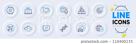 Car review, Chemistry dna and Targeting line icons for web app. Pack of Airplane mode, User notification, Heart pictogram icons. Approved, Online storage, Cogwheel signs. Cloud sync. Vector Car review, Chemistry dna and Targeting line icons for web app. Pack of Airplane mode, User notification, Heart pictogram icons. Approved, Online storage, Cogwheel signs. Cloud sync. Vector 118400135