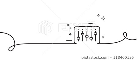DJ controller line icon. Continuous one line with curl. Music sound sign. Musical device symbol. DJ controller single outline ribbon. Loop curve pattern. Vector DJ controller line icon. Continuous one line with curl. Music sound sign. Musical device symbol. DJ controller single outline ribbon. Loop curve pattern. Vector 118400156