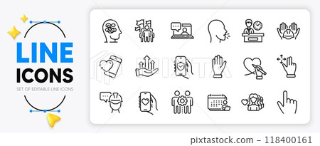 Presentation time, Social care and Growth chart line icons set for app include Anxiety, Employees teamwork, Accounting outline thin icon. Foreman, Cough, Security app pictogram icon. Vector 118400161