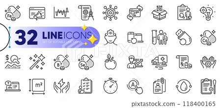 Outline set of Magic wand, Ambulance transport and Iron line icons for web with Safe energy, Cobalt mineral, Interview documents thin icon. Qr code, Refresh website. Vector Outline set of Magic wand, Ambulance transport and Iron line icons for web with Safe energy, Cobalt mineral, Interview documents thin icon. Qr code, Refresh website. Vector 118400165
