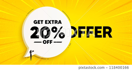 Get Extra 20 percent off Sale. Chat speech bubble banner. Discount offer price sign. Special offer symbol. Save 20 percentages. Extra discount speech bubble message. Talk box background. Vector Get Extra 20 percent off Sale. Chat speech bubble banner. Discount offer price sign. Special offer symbol. Save 20 percentages. Extra discount speech bubble message. Talk box background. Vector 118400166