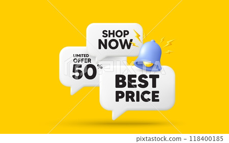 Best Price tag. 3d offer chat speech bubbles. Special offer Sale sign. Advertising Discounts symbol. Best price speech bubble 3d message. Talk box banner with bell. Vector 118400185