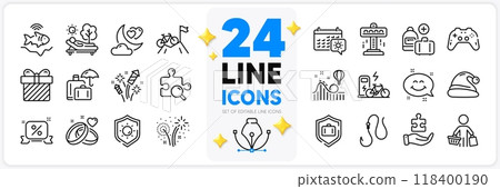 Icons set of Travel calendar, Add handbag and Fishfinder line icons pack for app with Roller coaster, Electric bike, Buyer thin outline icon. Attraction, Lounger, Love night pictogram. Vector 118400190