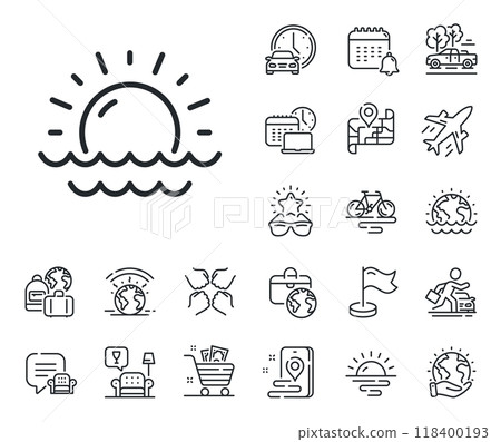 Summer sun sign. Plane jet, travel map and baggage claim outline icons. Sunny weather forecast line icon. Sunset with waves. Sunset line sign. Car rental, taxi transport icon. Place location. Vector 118400193