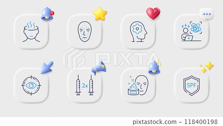 Stress, Spf protection and Brain working line icons. Buttons with 3d bell, chat speech, cursor. Pack of Face cream, Difficult stress, Face biometrics icon. Vector 118400198