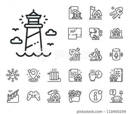 Beacon tower sign. Floor plan, stairs and lounge room outline icons. Lighthouse line icon. Searchlight building symbol. Lighthouse line sign. House mortgage, sell building icon. Real estate. Vector 118400209