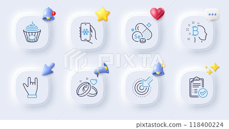 Horns hand, Bitcoin think and Targeting line icons. Buttons with 3d bell, chat speech, cursor. Pack of Selenium mineral, Approved report, Pasta icon. Marriage rings, Air conditioning pictogram. Vector Horns hand, Bitcoin think and Targeting line icons. Buttons with 3d bell, chat speech, cursor. Pack of Selenium mineral, Approved report, Pasta icon. Marriage rings, Air conditioning pictogram. Vector 118400224