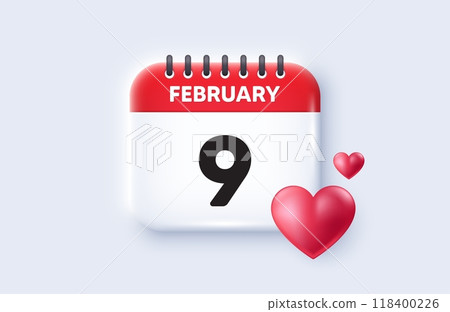 9th day of the month icon. Calendar date 3d icon. Event schedule date. Meeting appointment time. 9th day of February month. Calendar event reminder date. Vector 118400226