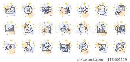Outline set of Loyalty tags, Money and Graph chart line icons for web app. Include Wallet, Bitcoin system, Dollar money pictogram icons. Card, Renew card, Atm signs. Piggy bank. Vector 118400229