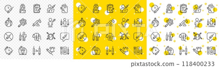 Corona jab, Medical Syringe, Vaccination passport icons. Vaccine line icons. Covid vaccine, Human jabbed and Coronavirus dose. Syringe needle, Corona injection, Vaccination notification. Vector 118400233