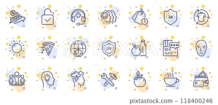 Outline set of Change clothes, 24 hours and Healthy food line icons for web app. Include Idea head, Winner, Face biometrics pictogram icons. Employees teamwork, Money, Food delivery signs. Vector Outline set of Change clothes, 24 hours and Healthy food line icons for web app. Include Idea head, Winner, Face biometrics pictogram icons. Employees teamwork, Money, Food delivery signs. Vector 118400246