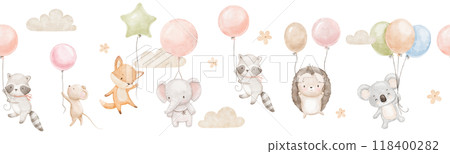 Seamless watercolor border with cute baby koala, elephant and mouse. Funny animals are flying with balloons in clouds. Hand drawn illustrations set 118400282