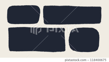 Rectangle shape set with rough torn edges. Grunge style black square frame with ripped border. Black vector collage torn paper piece or vintage paint stain silhouette isolated on light background. 118400675