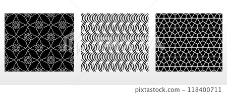 Geometric set of seamless black and white patterns. Simple vector graphics. 118400711