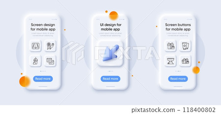 Flight sale, Surprise package and Grill line icons pack. 3d phone mockups with cursor. Glass smartphone screen. Ice cream milkshake, Gps, Holiday presents web icon. Vector 118400802