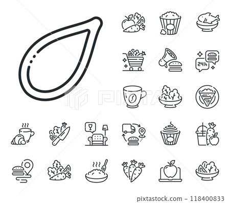 Tasty seeds sign. Crepe, sweet popcorn and salad outline icons. Pumpkin seed line icon. Vegan food symbol. Pumpkin seed line sign. Pasta spaghetti, fresh juice icon. Supply chain. Vector Tasty seeds sign. Crepe, sweet popcorn and salad outline icons. Pumpkin seed line icon. Vegan food symbol. Pumpkin seed line sign. Pasta spaghetti, fresh juice icon. Supply chain. Vector 118400833