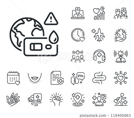 Coronavirus testing sign. Online doctor, patient and medicine outline icons. Covid test line icon. Blood test symbol. Covid test line sign. Veins, nerves and cosmetic procedure icon. Intestine. Vector 118400863