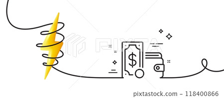 Wallet money line icon. Continuous one line with curl. Cash coin sign. Dollar banknote symbol. Wallet money single outline ribbon. Loop curve with energy. Vector 118400866