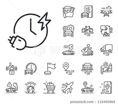 Charge accumulator sign. Plane, supply chain and place location outline icons. Charging time line icon. Electric power symbol. Charging time line sign. Taxi transport, rent a bike icon. Vector 118400868