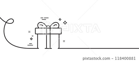 Gift box line icon. Continuous one line with curl. Present or Sale sign. Birthday Shopping symbol. Package in Gift Wrap. Gift box single outline ribbon. Loop curve pattern. Vector 118400881