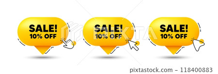 Sale 10 percent off discount. Click here buttons. Promotion price offer sign. Retail badge symbol. Sale speech bubble chat message. Talk box infographics. Vector Sale 10 percent off discount. Click here buttons. Promotion price offer sign. Retail badge symbol. Sale speech bubble chat message. Talk box infographics. Vector 118400883