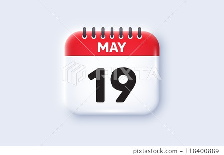 Calendar date 3d icon. 19th day of the month icon. Event schedule date. Meeting appointment time. 19th day of May month. Calendar event reminder date. Vector Calendar date 3d icon. 19th day of the month icon. Event schedule date. Meeting appointment time. 19th day of May month. Calendar event reminder date. Vector 118400889