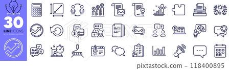 Employees messenger, Puzzle and Lawyer line icons pack. Graph chart, Messenger, Calculator web icon. Accounting report, Audit, Calendar pictogram. Approved agreement, Ranking, Blog. Vector Employees messenger, Puzzle and Lawyer line icons pack. Graph chart, Messenger, Calculator web icon. Accounting report, Audit, Calendar pictogram. Approved agreement, Ranking, Blog. Vector 118400895