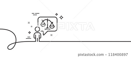 Lawyer line icon. Continuous one line with curl. Court judge sign. Justice scale symbol. Lawyer single outline ribbon. Loop curve pattern. Vector 118400897