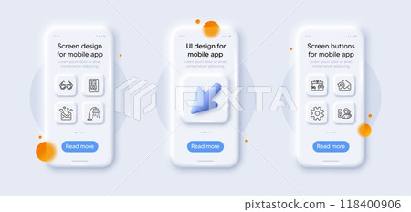 Send mail, Surprise boxes and Opinion line icons pack. 3d phone mockups with cursor. Glass smartphone screen. Love mail, Sunglasses, Stand lamp web icon. Coffee vending, Service pictogram. Vector 118400906